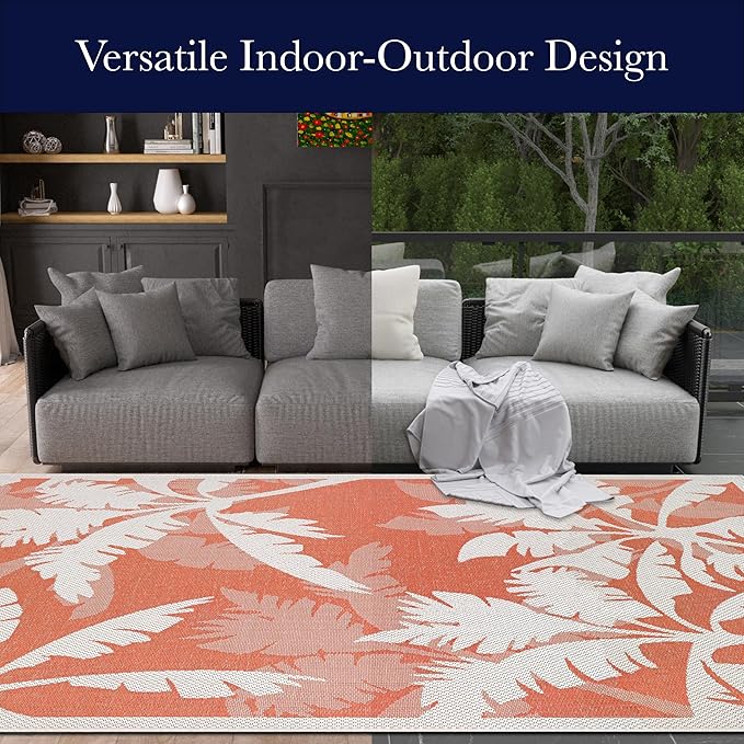 Couristan Monaco Indoor Outdoor Area Rug – Coastal Flora 5'3" x 7'6" in Ivory Orange – Flatwoven, Hose Washable, Pet Friendly Rug for Patio, Porch and Home Decor