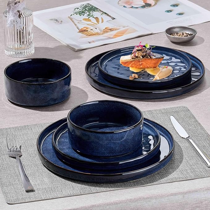 Herogo 12 Pieces Dinnerware Sets, Plates and Bowls Sets Service for 4, Modern Stoneware Dinning Dishes, Dishwasher & Microwave Safe, Starry Blue