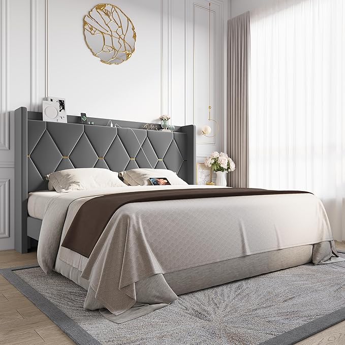 Allewie Velvet King Size Upholstered Bed Frame with Wingback Storage Headboard & Charging Station, Platform Bed with Diamond Tufted Design & Gold Trim, No Box Spring Needed, Easy Assembly, Grey