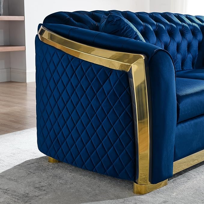 KEIKI 81" Luxury Oversized Velvet Chesterfield Sofa with Gold Stainless Decoration, Mid-Century Style 3-Seater Couch with Tufted Back and Rolled Arms, Easy Assembly, for Apartment, Living Room, Blue