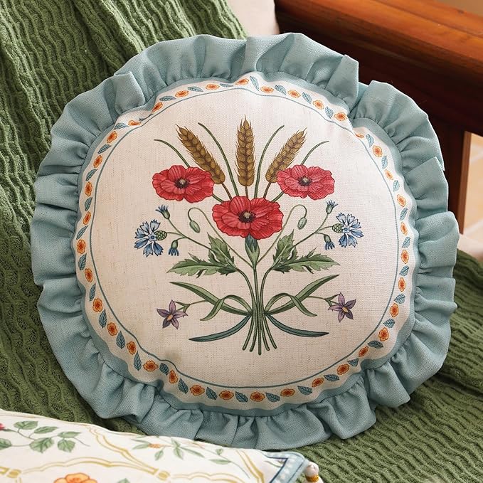 Design Linen Round Throw Pillow Covers Diameter 16", Fresh Farmhouse Cushion Covers with Red Watercolor Wildflower Pattern Decor Pillowcases for Bed,Living Room,Outdoor,Car