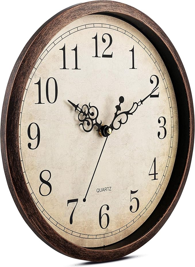 Bernhard Products Vintage Brown Wall Clock Silent Non Ticking 12 Inch Quality Quartz Battery Operated Round Decorative Easy to Read for Home Kitchen Living/Dining Room Bedroom Office Classroom School