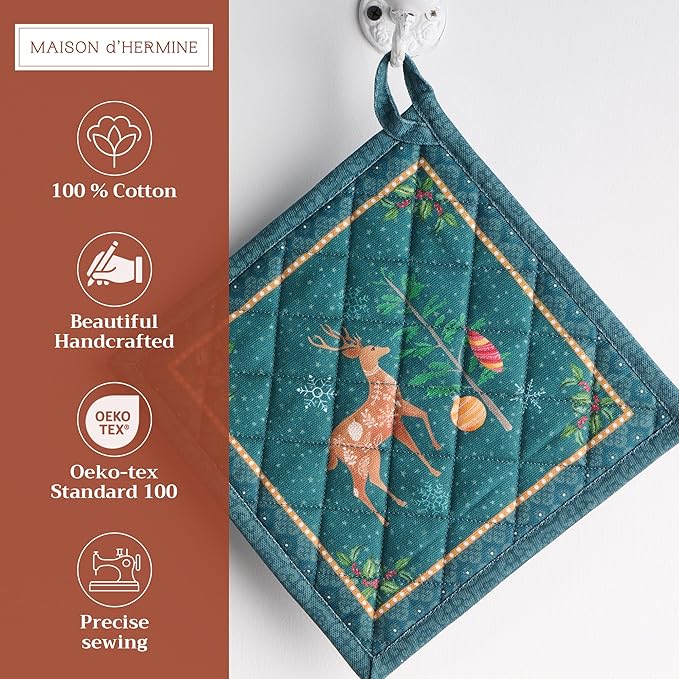 Maison d' Hermine Pot Holders 100% Cotton Heat Resistant Potholders 8" x 8" Hot Pads with Loop for Thanksgiving Christmas Decorations BBQ Cooking Baking Handling Hot Pans (Pack of 1, Hygge Christmas)