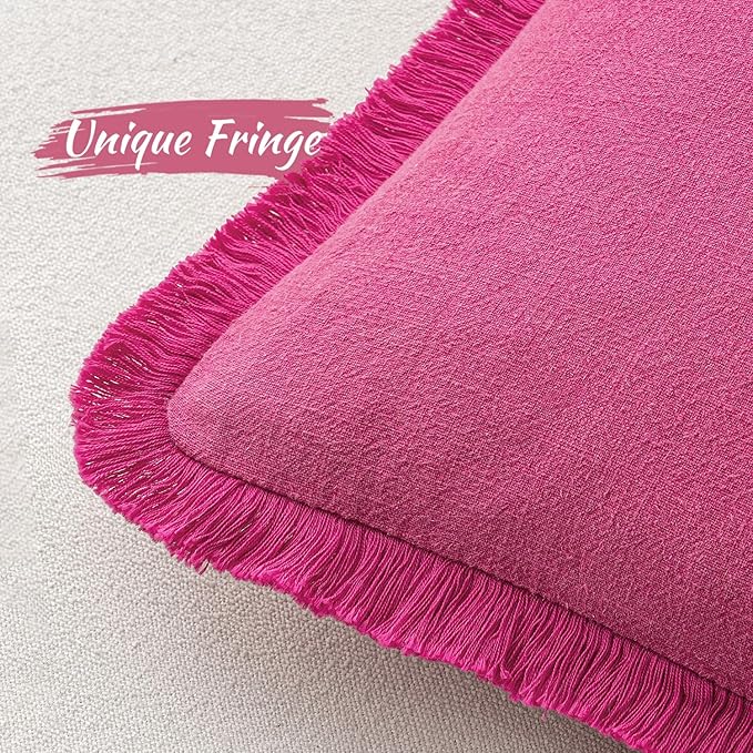 MIULEE Decorative Throw Pillow Covers Neutral Linen Fringe Throw Pillows Set of 2 Hot Pink Boho Farmhouse Cushion Covers with Tassels for Couch Sofa Bed Living Room Spring Home Decor 18x18 Inch
