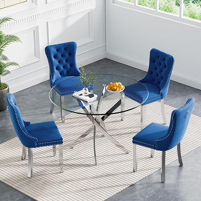 Goujxcy 5 Piece Round Glass Dining Table Set for 4, 36" Round Dining Table & Chair Set Modern Circle Glass Kitchen Table and 4 Velvet Upholstered Chairs for Kitchen Dining (Silver Table & Blue Chair)