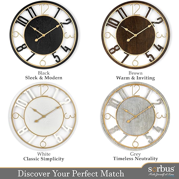 Sorbus 24-Inch Large Wall Clock – Wooden Decorative Clock for Living Room, Kitchen, Bedroom, Office – Easy to Hang Analog Wall Art (White)