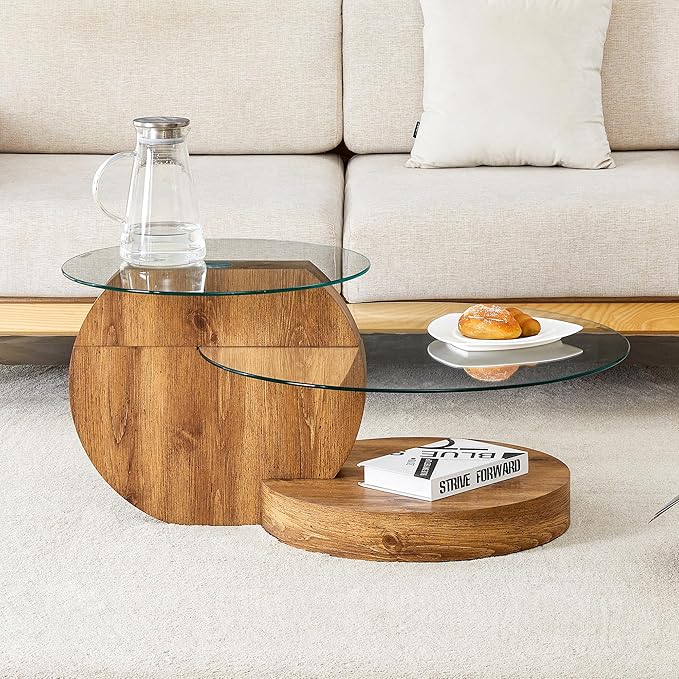 Glass Coffee Table, Modern Round Glass Coffee Table with Wooden Base, 3 Tier Round Coffee Table, Clear Cocktail Table with Storage for Living Room, Office, Balcony, Wood