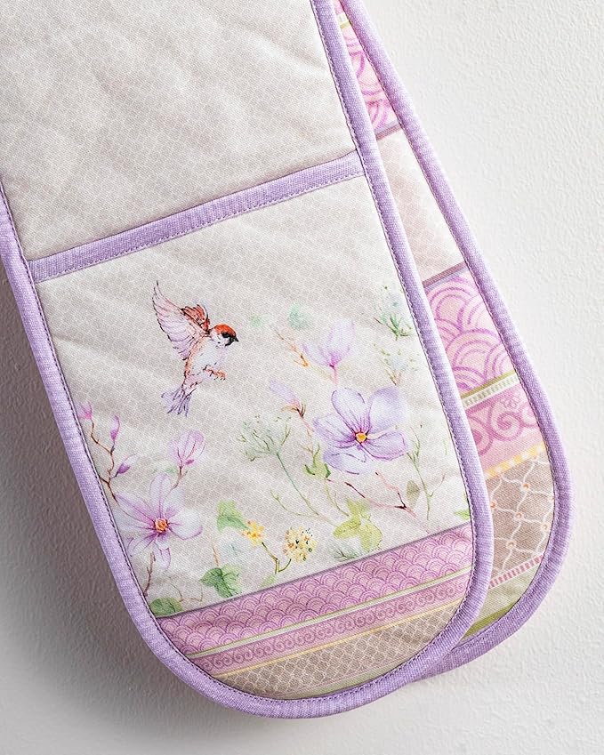 Maison d' Hermine Double Oven Mitts 100% Cotton 7"x35" Double Oven Mitt Heat Resistant BBQ Cooking Gloves with Loop, Baking, Grilling, Home, Kitchen, Handling Hot Pan Spring Summer (Magnolia Mornings)