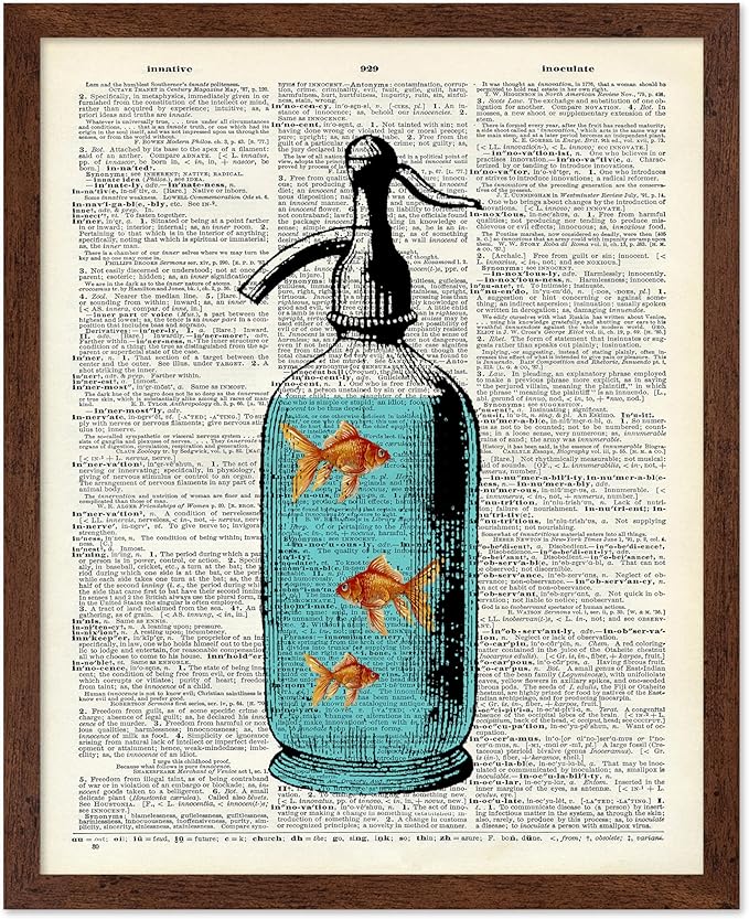 Poster Master Dictionary Art Poster - Goldfish Bowl Print - Fish Art - Aquarium Art - Gift for Men, Women & Animal Lover - Minimal Decor for Living Room, Bathroom or Office, 16x20 Brown Framed