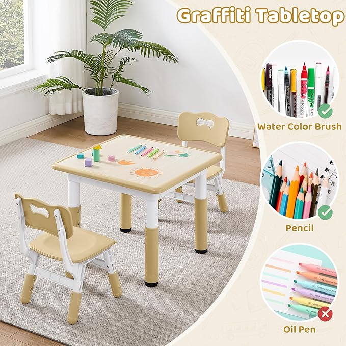 Adjustable Kids Table Chairs Set – Graffiti Desktop, Multi-Activity Height-Adjustable Toddler Study Desk for Ages 3-8 – Ideal for Home, Classroom, Daycare (W-Brown, 2 Chairs-23.6" L x 23.6" W)