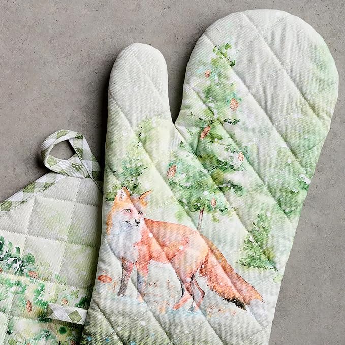 Maison d' Hermine 100% Cotton Oven Mitt & Pot Holder Set (7.5"x13" & 8"x8") Heat Resistant BBQ Cooking Gloves with Loop for Thanksgiving Christmas Decorations Handling Hot Pans (Winter Mornings)