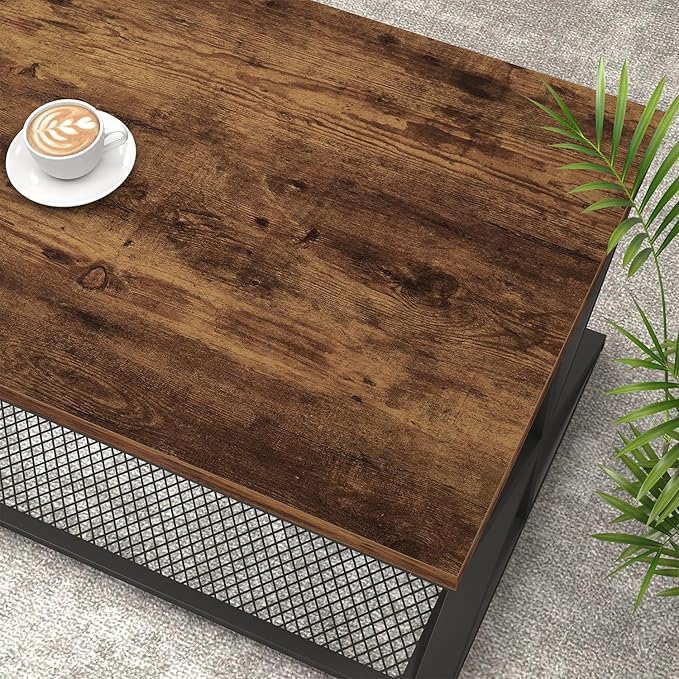 IBF Rustic Brown Coffee Table with Storage, Farmhouse Wood Metal Rectangle Living Room Table, Industrial Middle Center Table with Mesh Shelf, Rustic Brown,47 in