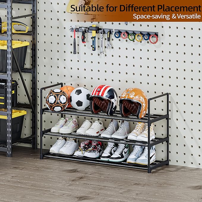 Metal Shoe Rack, 3-Tier Shoe Organizer with Adjustable Shelf Height, Sturdy Shoe Storage Shelf, Perfect for Front Door Entrance, Closet & Entryway, Easy to Assemble, DIY Layering Options (S - 3 Tier)