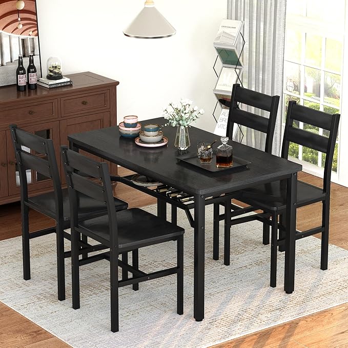 Hooseng Dining Table Set for 4, Wood Kitchen Table Chairs Set with Storage, Farmhouse 5 Piece Dining Room Table Set, Space-Saving Dinette Set for Breakfast Nook, Apartment (Black)
