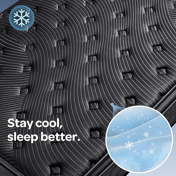 OhGeni 14 Inch Cooling Queen Size Mattress, Hybrid Gel-infused Memory Foam Bed Mattresses in a Box, Medium Feel Cool Top Fabric,Individual Pocket Spring, 3-Zone design & Reinforced Edge Support, Black