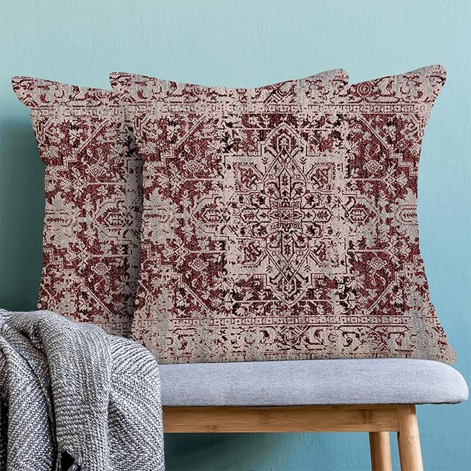 Boho Throw Pillow Covers 18x18 Inch Set of 2, Christmas Burgandy Red Decorative Throw Pillow Covers Carpet Pattern Wine Red Outdoor Cushion Cover for Sofa Couch Farmhouse Room Bed Decor