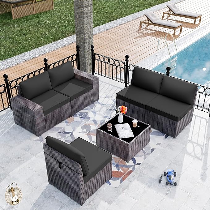 Kurapika 6 Pieces Patio Furniture Set, Rattan Outdoor Conversation Sets w/4 Inch Cushion and Glass Coffee Table(Black)