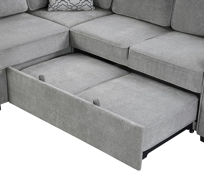 Ball & Cast Convertible Sleeper Sofa Bed,Chenille L Shaped Pull Out Couch Bed with Flip-Top Table,USB Ports & Hidden Cup Holders,Corner Sectional Sofa Couches for Living Room,Light Gray