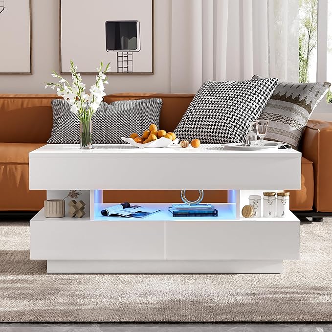 Modern High Gloss LED Coffee Table 39.3-Inch Multi-Functional Lift-Top Center Table with Hidden Storage Space, 2 Drawers for Small Spaces Living Room， White