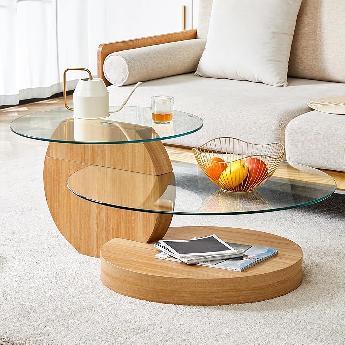 Coffee Tables for Living Room - Round Glass Coffee Table with Wooden Base Mid-Century Modern End Table 3-Tier Round Coffee Table for Living Room, Office, Balcony (42″ Oak)
