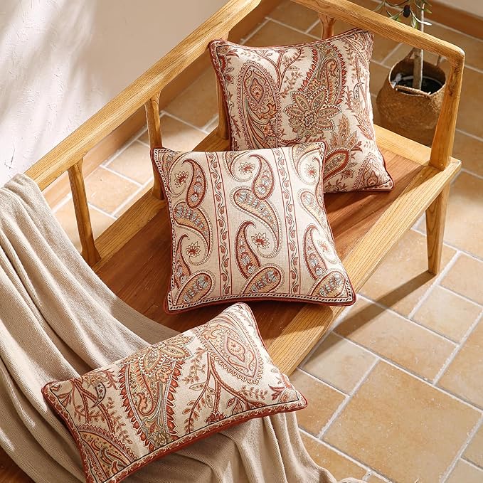 Design Linen Classic Vintage Throw Pillow Covers 12"x20" Pack of 2, Lumbar Cushion Covers with Orange Yellow Paisley Style Pattern Decoration Pillowcases for Bed,Living Room,Outdoor,Car