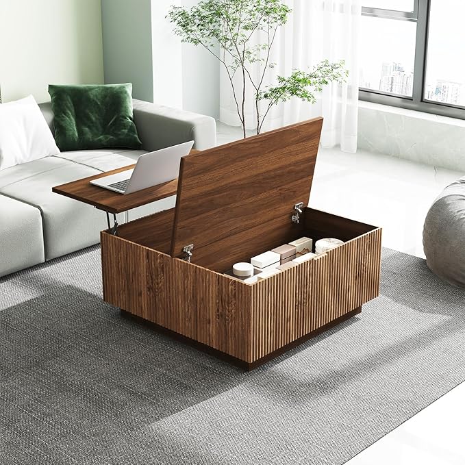 31" Lift Top Coffee Table with Hidden Storage, Farmhouse Square Wood Center Table with Fluted Design for Living Room, Apartment, Small Spaces, Brown Walnut