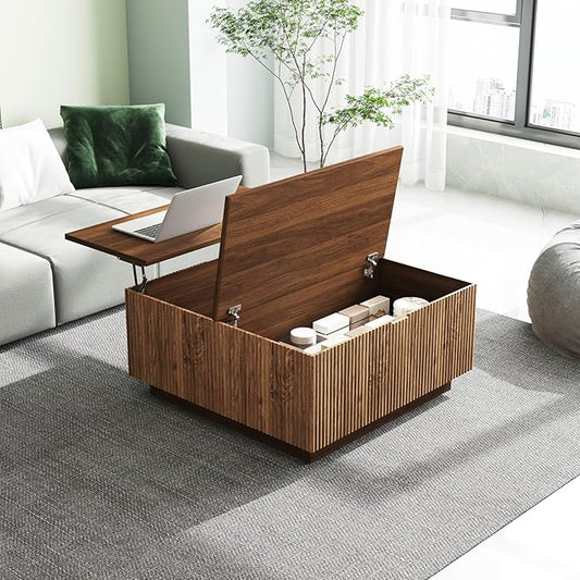 31" Lift Top Coffee Table with Hidden Storage, Farmhouse Square Wood Center Table with Fluted Design for Living Room, Apartment, Small Spaces, Brown Walnut