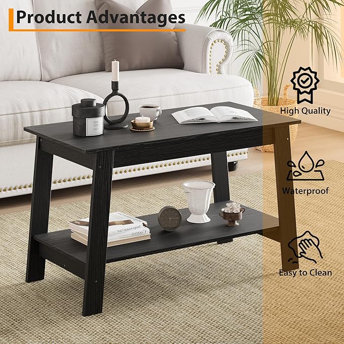 Coffee Table for Living Room, 2 Tier Coffee Table with Storage, Small Rectangular Center Tables with Shelf, Space Saving, Easy Assembly, Black