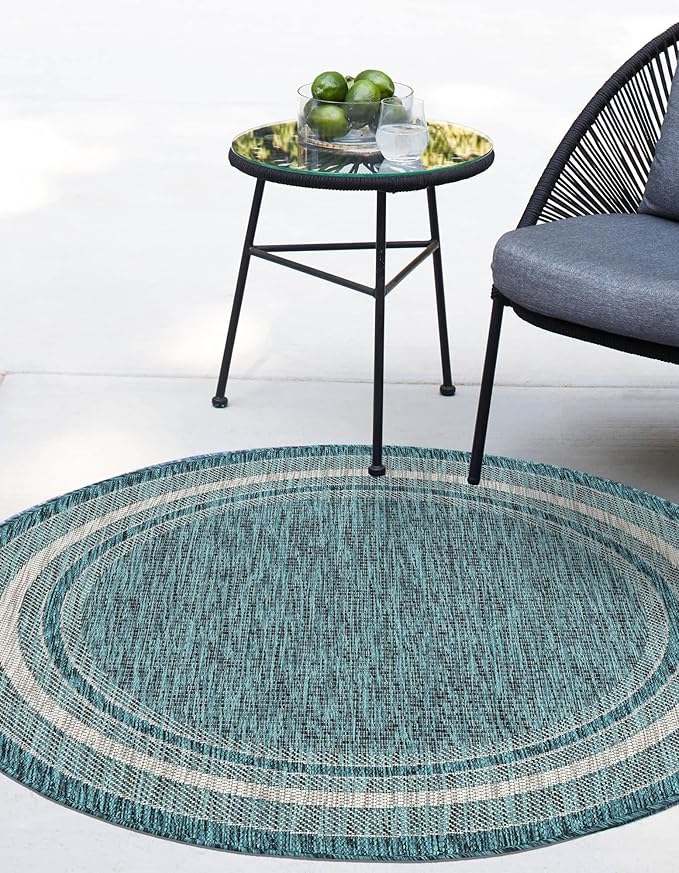 Unique Loom Outdoor Border Collection Area Rug - Soft Border (4' Round Teal/Ivory)