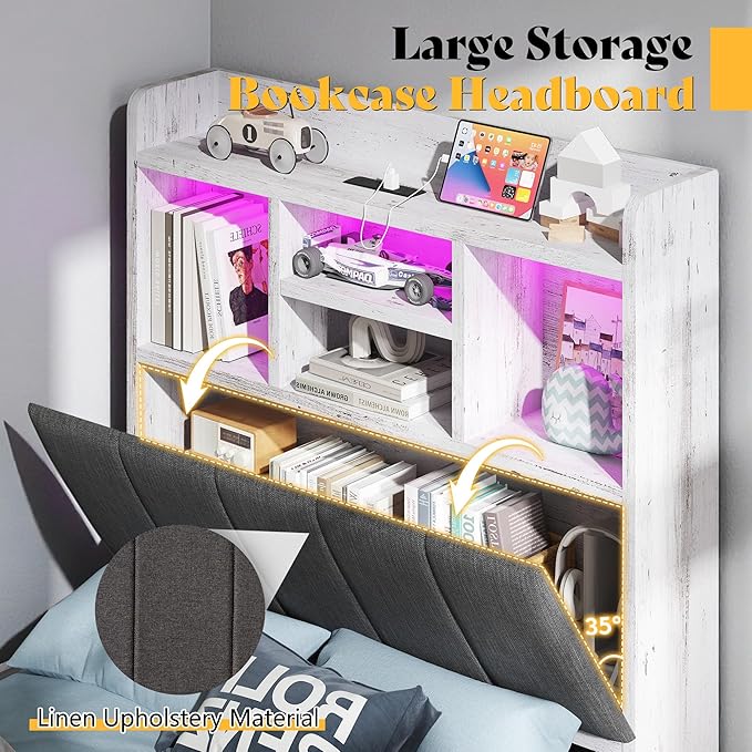 Twin Farmhouse Bed Frame with Bookcase Headboard and 4 Drawers, LED Storage Bed with Charging Station & Linen Upholstered, No Box Spring Needed, Distressed White