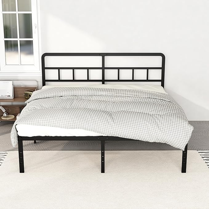 King Size Bed Frame with Headboard, 18 Inch Metal Platform No Box Spring Needed Heavy Duty Steel Slat Mattress Foundation/Easy Assembly/Noise Free/Black