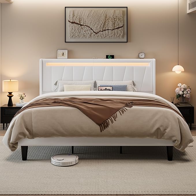 Allewie King Size LED Bed Frame with Charging Station, Velvet Upholstered Platform Bed with Geometric Wingback Headboard, Modern Frame with No Box Spring Needed, Easy Assembly, White