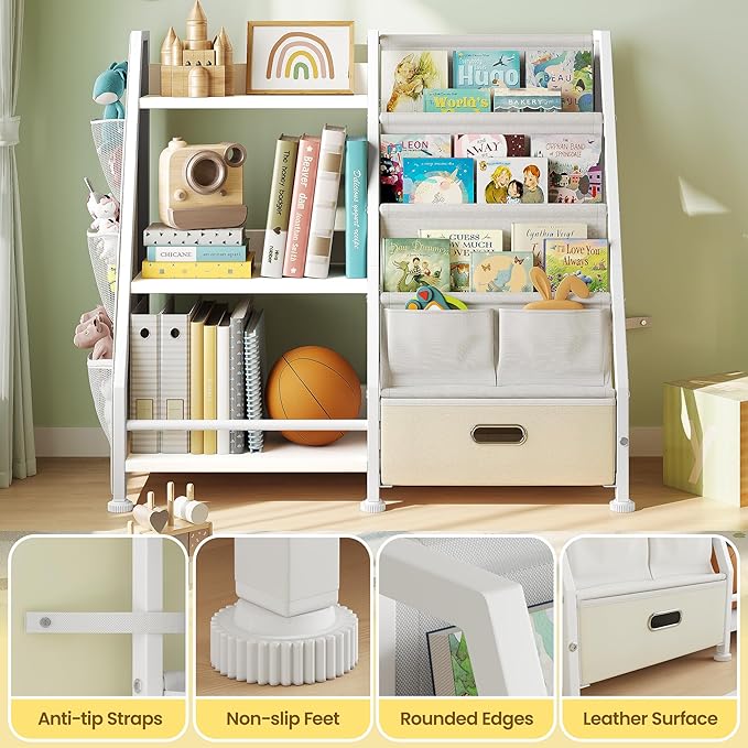 Kids Bookshelf and Toy Storage Organizer: White Book Shelf for Kids Room with Drawer to Storage Books and Toys Organizer - 3 Tire Toddler Bookshelf with 3 Side Pockets for Nursery, Bedroom, Playroom