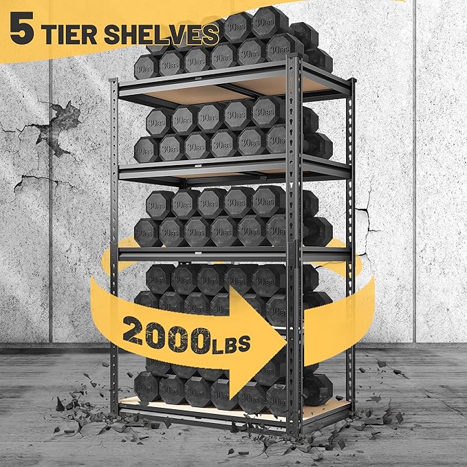 REIBII 2000LBS Storage Shelves 5 Tier Garage Shelving Heavy Duty Metal Shelving Adjustable Metal Shelf for Kitchen Pantry Basement 28" W x 13.8" D x 59.8" H