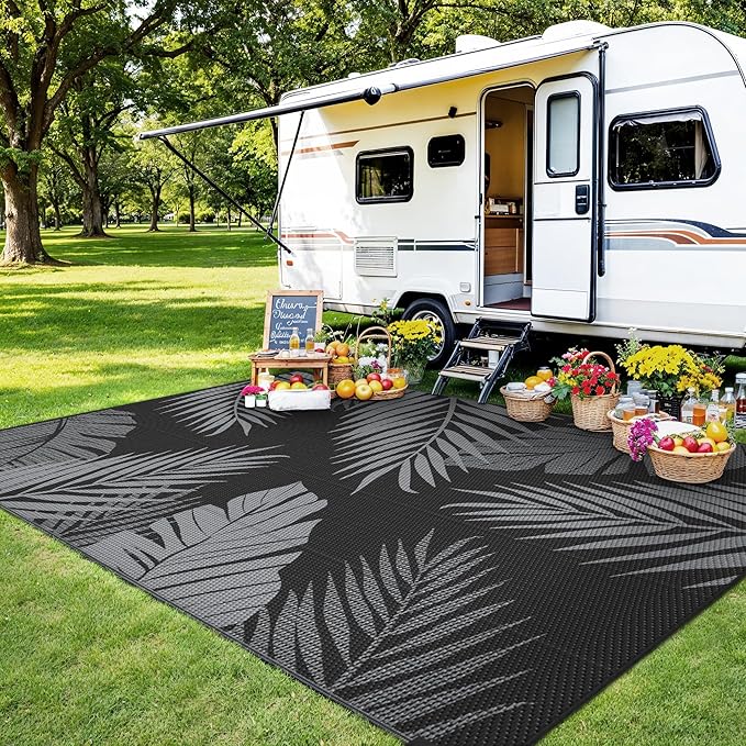 Outdoor Rug 8’x10’ Waterproof for Patio Clearance, Reversible Indoor Outdoor Plastic Straw Camping Rug Carpet, RV Mat, Large Area Rug for Deck, Backyard, Balcony, Porch, Beach, Black & Grey