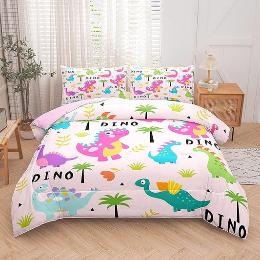 Tailor Shop Pink Dinosaur Bedding Set for Girls - Full Size Comforter Set with 1 Comforter 2 Pillowcase