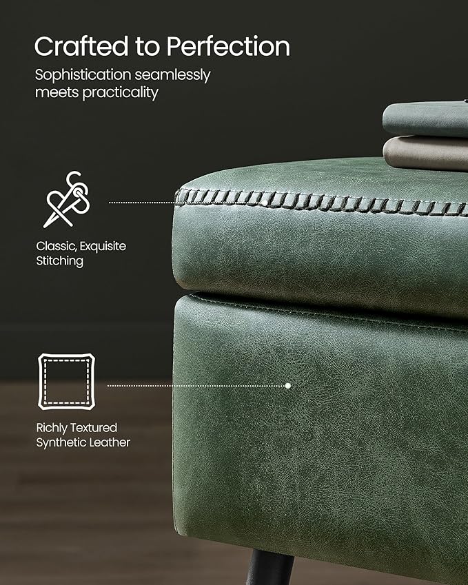 VASAGLE EKHO Collection - Storage Ottoman Bench, Entryway Bedroom Bench, 15 Gallons, Synthetic Leather with Stitching, Mid-Century Modern, Safety Hinges, Loads 660 lb, Forest Green ULOM074C01