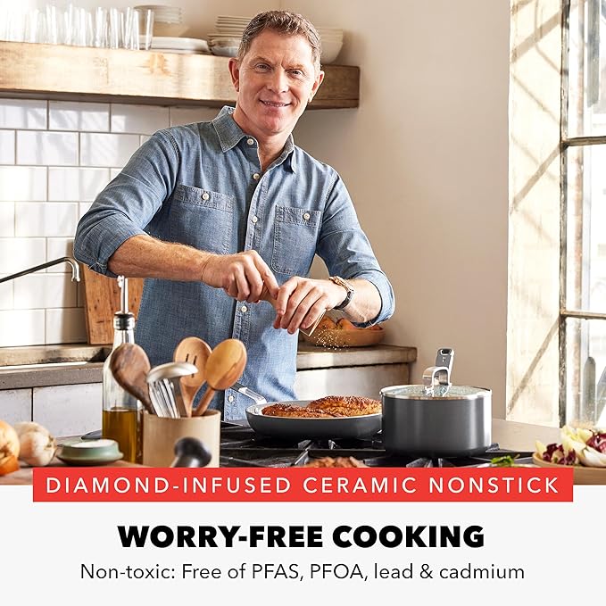 GreenPan x Bobby Flay 2 Piece- 8” and 10” Nonstick Frying Pan Skillet Set, PFAS-Free Diamond Ceramic, Induction Suitable, Stay-Cool Silicone Handle, Easy Clean Dishwasher & Oven Safe, Graphite