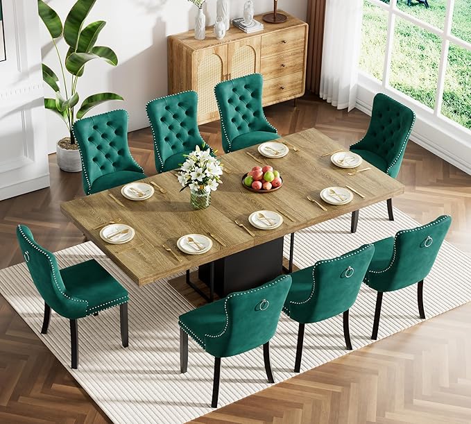 Goujxcy 78.7" Farmhouse Extendable Dining Room Table Set for 8, 9-Piece Rectangle Kitchen Dining Room Table Set with Wood Base and 8 Green Velvet Dining Chairs, Extending Kitchen & Dining Table Set
