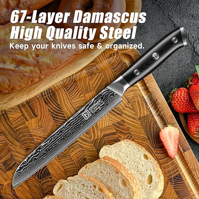 KEEMAKE Serrated Bread Knife, 8 Inch Japanese Damascus Kitchen Knife Wave Edge with G10 Ergonomic Handle, Cake Cutter Bread Slicing Knife for Sourdough Loaf Ciabatta
