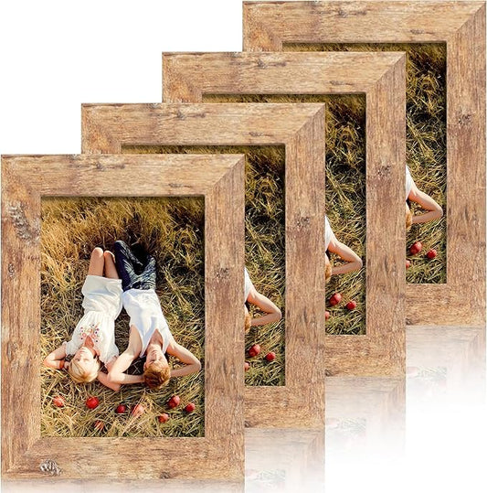 4x6 Picture Frame Set of 4, High Definition Real Glass Rustic Brown Frame, 4 x 6 Photo Frames for Tabletop Display and Wall Mounting