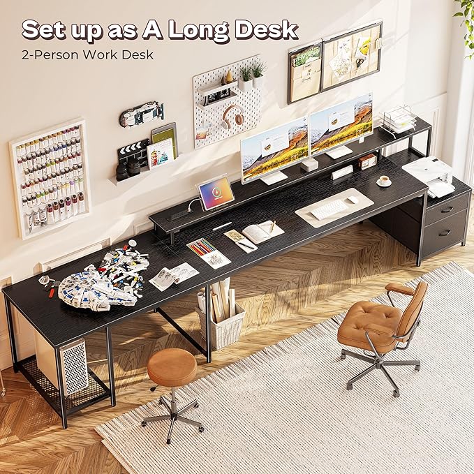 PRAISUN 66 Inch L Shaped Computer Desk with Power Outlets and LED Lights, Home Office Desk with Fabric Drawers and Print Stand, L Shape or Long Set up, Monitor Stand, Mesh CPU Stand, Black