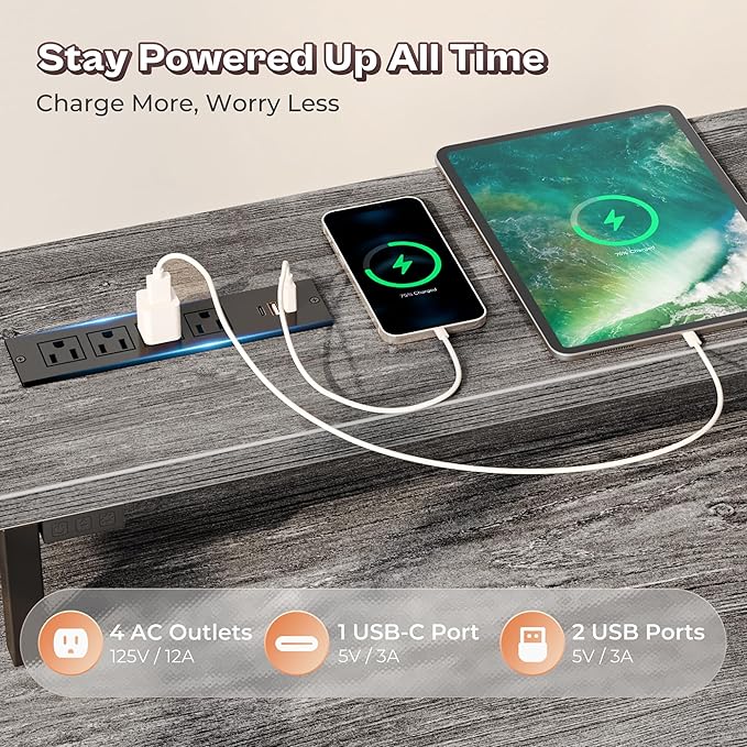 PRAISUN 66 Inch L Shaped Computer Desk with Power Outlets and LED Lights, Home Office Desk with Fabric Drawers and Print Stand, L Shape or Long Set up, Monitor Stand, Mesh CPU Stand, Grey