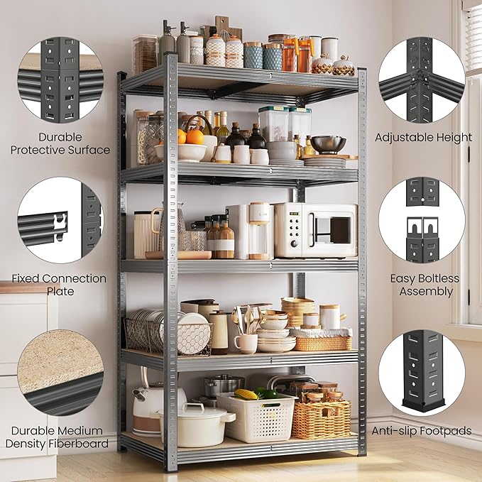 Yaheetech Standing Shelf Units, 5 Tier Storage Shelf, Heavy Duty Shelving, Adjustable Garage Shelves, Utility Rack Shelf Unit, Basement Warehouse Shed, 35.5″L × 16″W × 71" H - Dark Gray