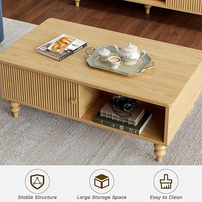 Mid-Century Modern Coffee Table, Wooden Fluted Entertainment Center with Open Storage Shelf, Rustic Living Room Furniture for Home & Office, Natural Oak