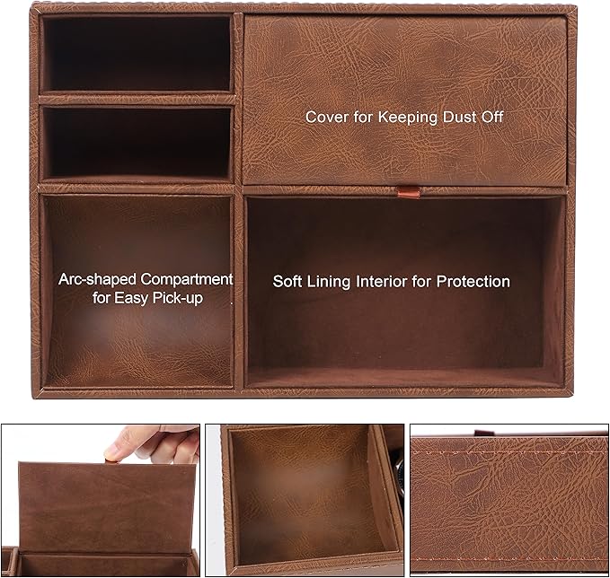 Zcaukya Men's Valet Tray, Jewelry Box Nightstand Organizer with 5 Compartments for Phone Keys Wallet Watch Glasses, Faux Leather Dresser Entryway Catchall Holder for Father's Day Gift (Brown)
