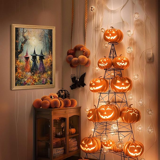 Framed Vintage Halloween Witch Wall Art – Halloween 3D Texture Witches Pictures Fall Decor for Living Room, Mysterious Forest Witchy Sandstone Aesthetic Art Prints for Bedroom Kids Room – 16x24in
