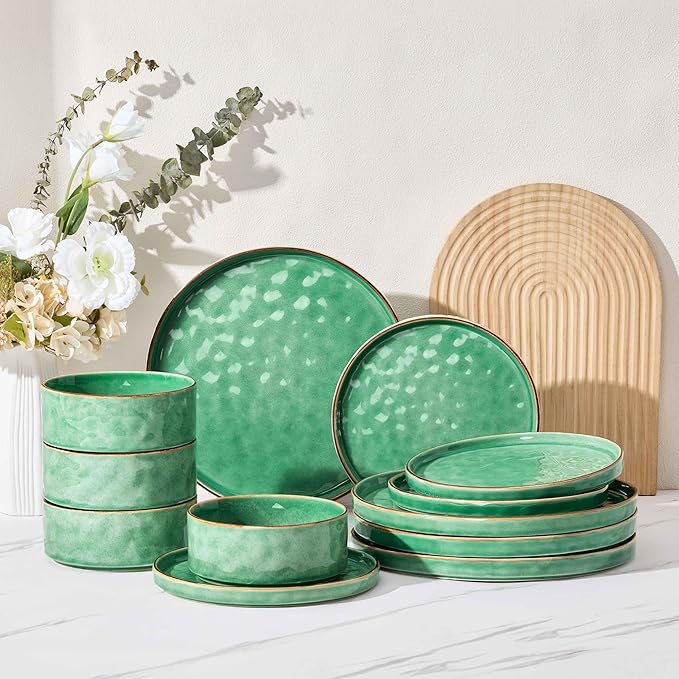 Herogo 12 Pieces Dinnerware Dish Sets for 4, Plates and Bowls Sets for Home Kitchen, Ceramic Dinning Dishes, Dishwasher & Microwave Safe, Gemstone Green