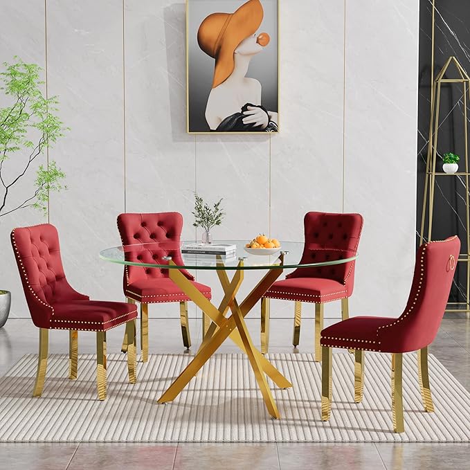 Goujxcy 5 Piece Round Glass Dining Table Set for 4, 47" Round Dining Table & Chair Set Modern Circle Glass Kitchen Table and 4 Velvet Upholstered Chairs for Kitchen Dining (Gold & Burgundy)