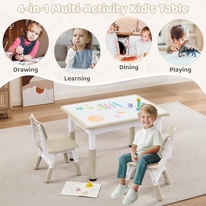 Adjustable Kids Table Chairs Set – Graffiti Desktop, Multi-Activity Height-Adjustable Toddler Study Desk for Ages 3-8 – Ideal for Home, Classroom, Daycare (B-Wood, 2 Chairs-31.5" L x 23.6" W)